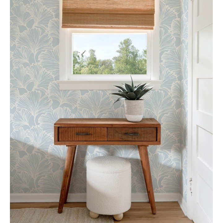 Papel pintado hojas ginkgo biloba color blanco y azul - Sofia Leaves 683897