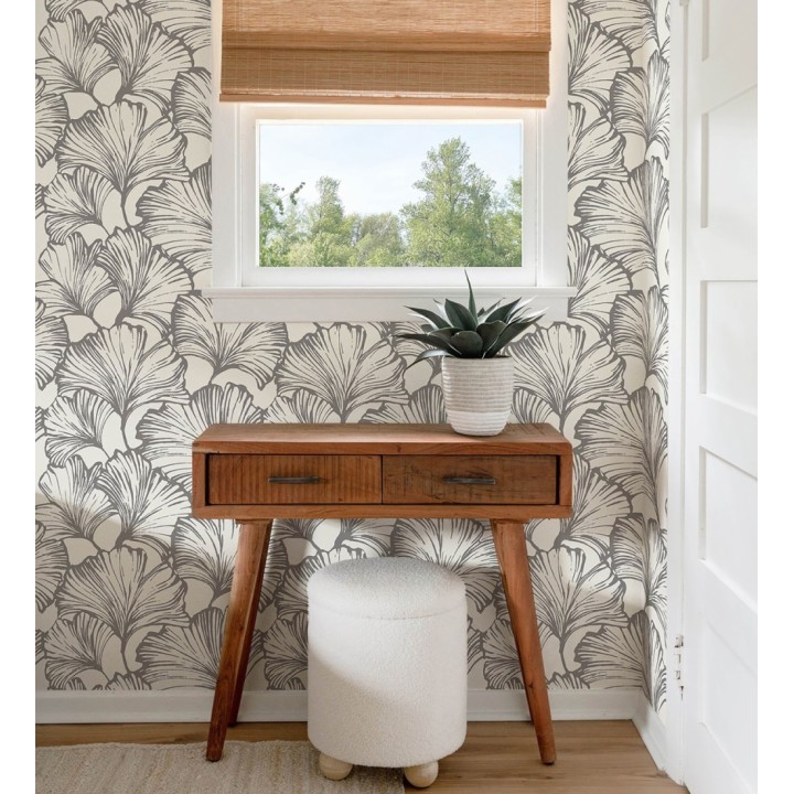 Papel pintado hojas ginkgo biloba color negro y crema claro - Sofia Leaves 683898