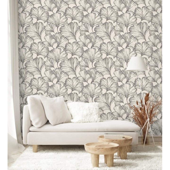 Papel pintado hojas ginkgo biloba color negro y crema claro - Sofia Leaves 683898