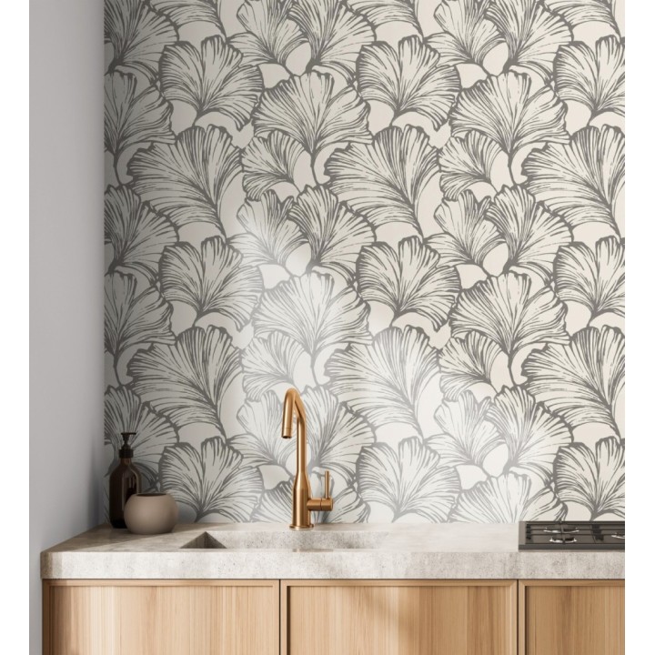 Papel pintado hojas ginkgo biloba color negro y crema claro - Sofia Leaves 683898