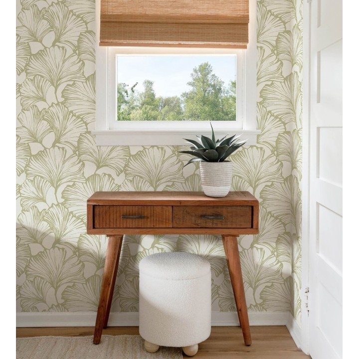 Papel pintado hojas ginkgo biloba color verde y crema claro - Sofia Leaves 683899