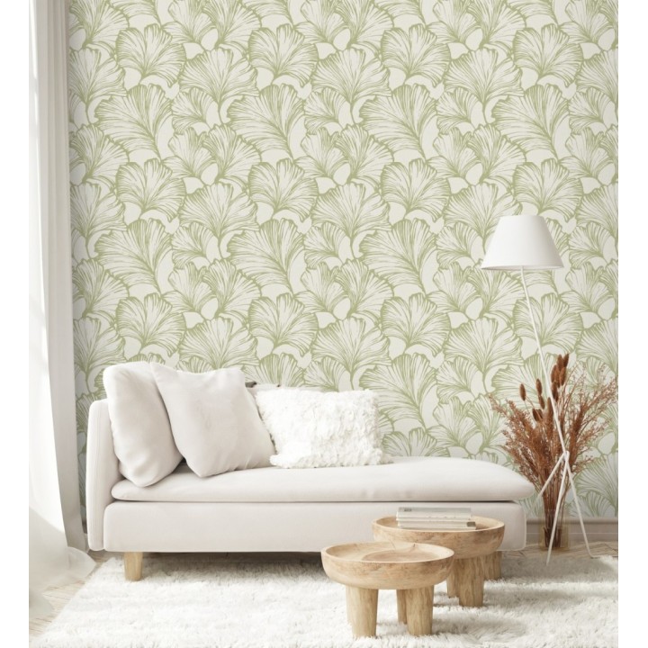 Papel pintado hojas ginkgo biloba color verde y crema claro - Sofia Leaves 683899