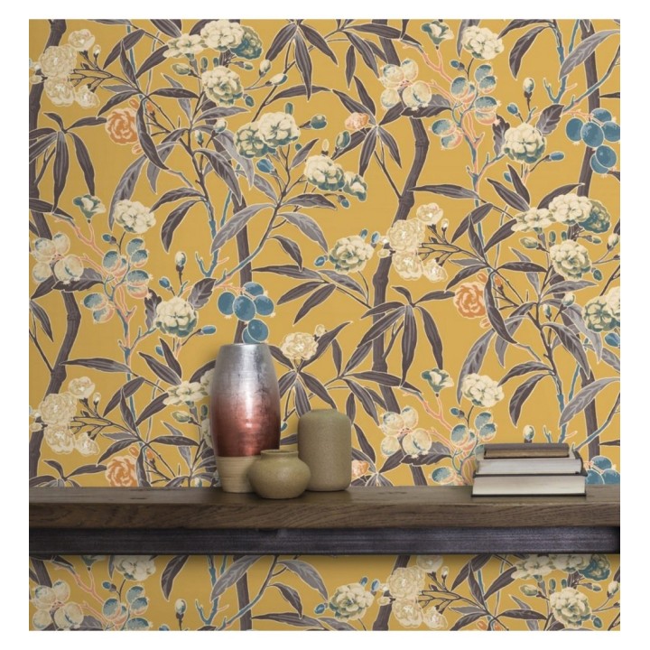 Papel pintado de hojas con flores y frutos - Kendra Bloom 126388