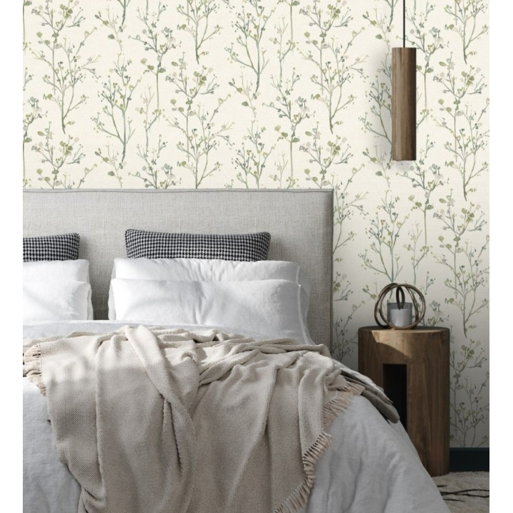 Papel pintado ramas artísticas en acuarela fondo tejido de lino - Zinnia Prairie 683904