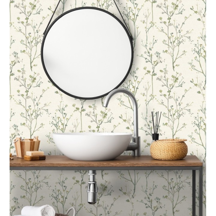 Papel pintado ramas artísticas en acuarela fondo tejido de lino - Zinnia Prairie 683904