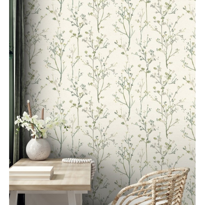 Papel pintado ramas artísticas en acuarela fondo tejido de lino - Zinnia Prairie 683904