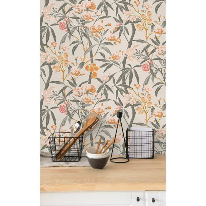 Papel pintado de hojas con flores y frutos - Kendra Bloom 126389