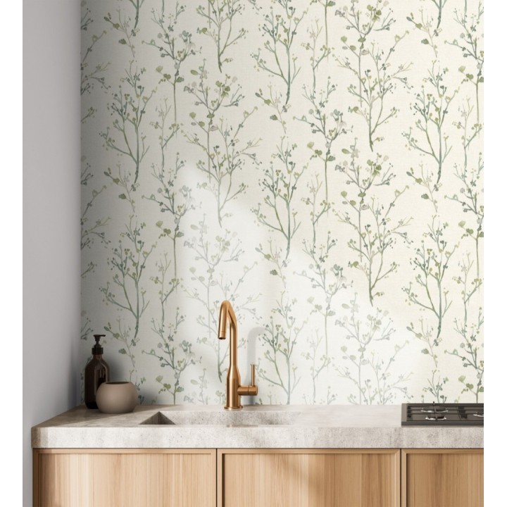 Papel pintado ramas artísticas en acuarela fondo tejido de lino - Zinnia Prairie 683904