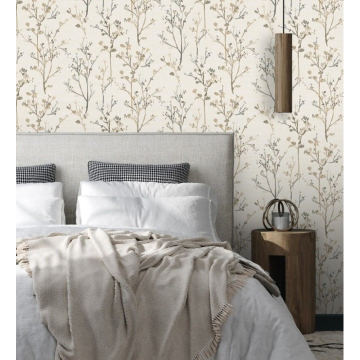 Papel pintado ramas artísticas en acuarela fondo tejido de lino - Zinnia Prairie 683905