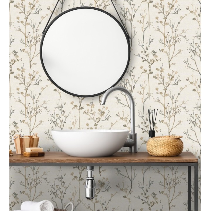 Papel pintado ramas artísticas en acuarela fondo tejido de lino - Zinnia Prairie 683905