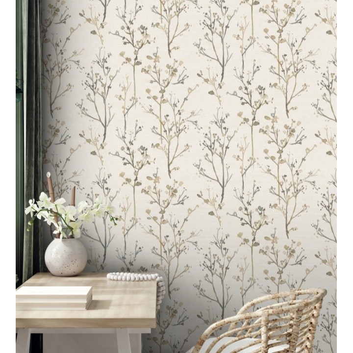 Papel pintado ramas artísticas en acuarela fondo tejido de lino - Zinnia Prairie 683905