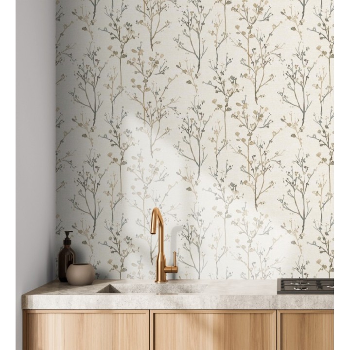 Papel pintado ramas artísticas en acuarela fondo tejido de lino - Zinnia Prairie 683905