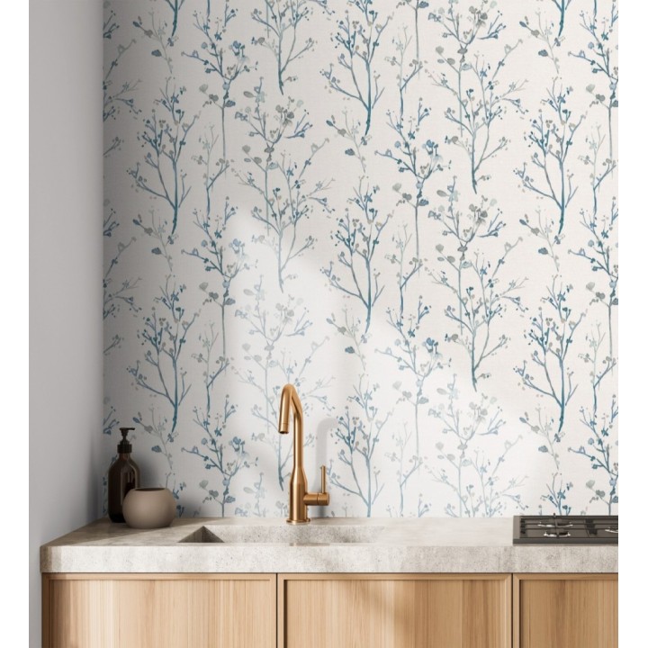 Papel pintado ramas artísticas en acuarela fondo tejido de lino - Zinnia Prairie 683906