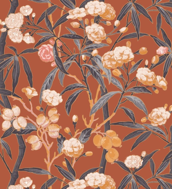 Papel pintado de hojas con flores y frutos - Kendra Bloom 126390