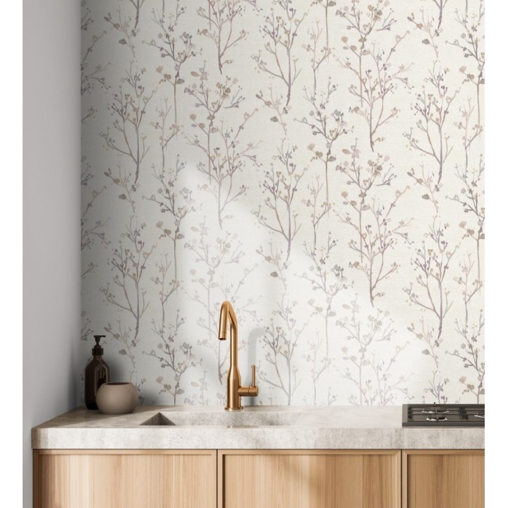 Papel pintado ramas artísticas en acuarela fondo tejido de lino - Zinnia Prairie 683907