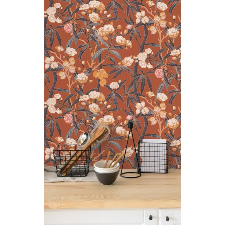 Papel pintado de hojas con flores y frutos - Kendra Bloom 126390