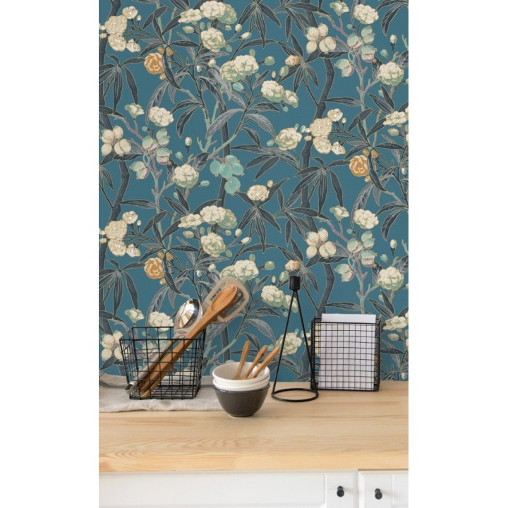 Papel pintado de hojas con flores y frutos - Kendra Bloom 126392