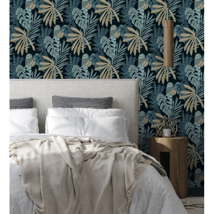 Papel pintado selva nocturna color turquesa - Samba Ethnic 683920