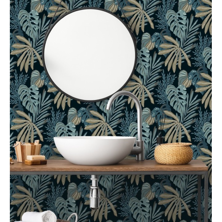 Papel pintado selva nocturna color turquesa - Samba Ethnic 683920