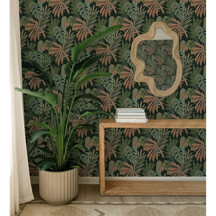 Papel pintado selva nocturna color verde salvia - Samba Ethnic 683922