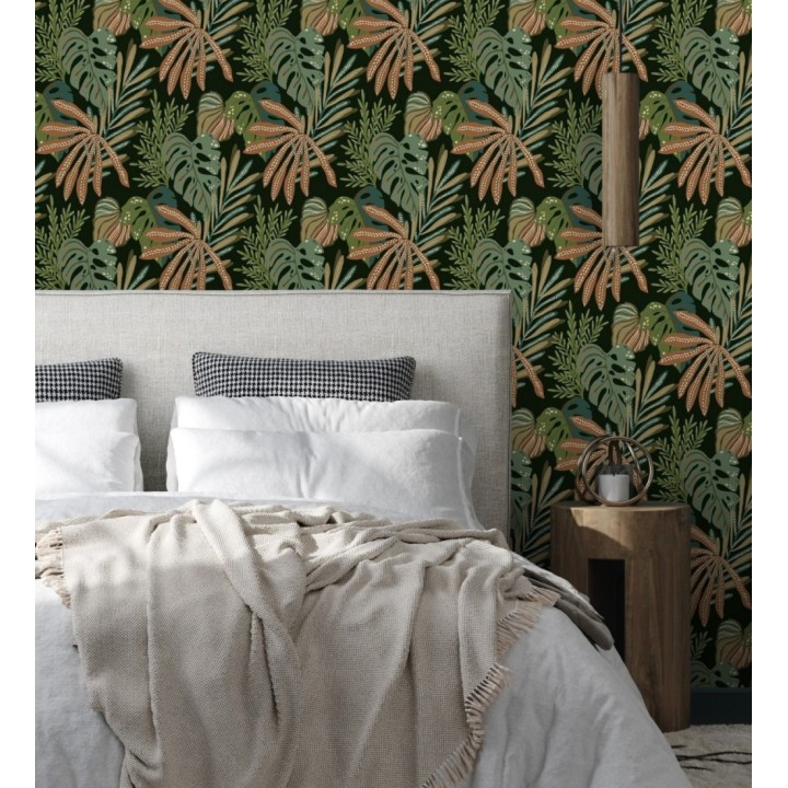 Papel pintado selva nocturna color verde salvia - Samba Ethnic 683922