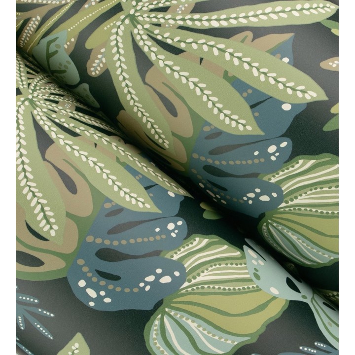 Papel pintado selva nocturna color verde espuma de mar - Samba Ethnic 683924