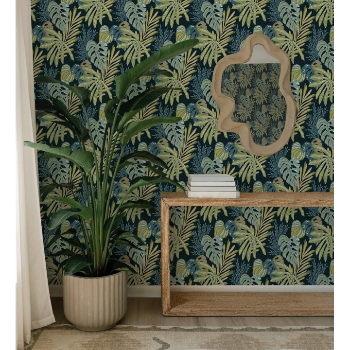 Papel pintado selva nocturna color verde espuma de mar - Samba Ethnic 683924