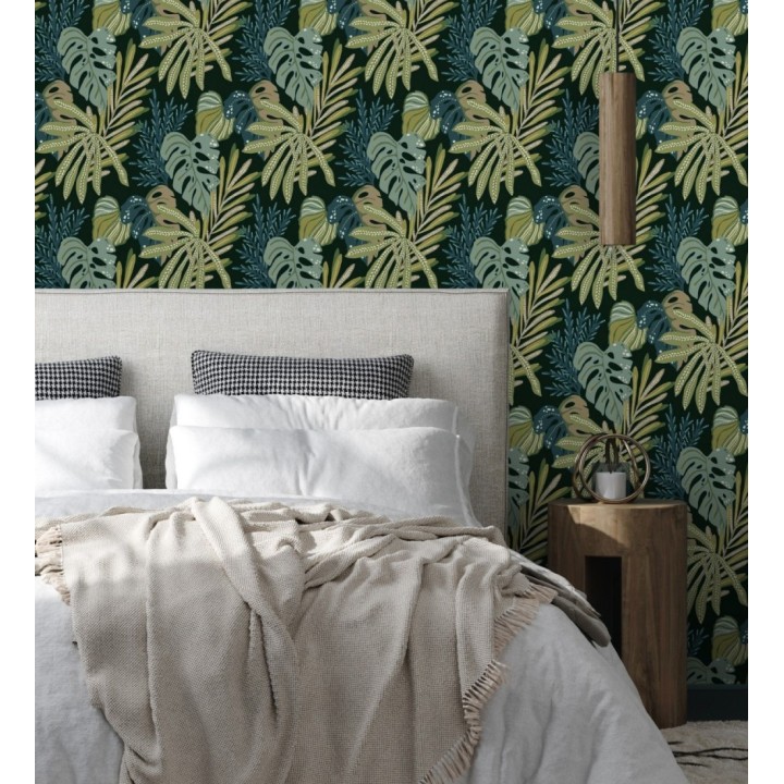 Papel pintado selva nocturna color verde espuma de mar - Samba Ethnic 683924