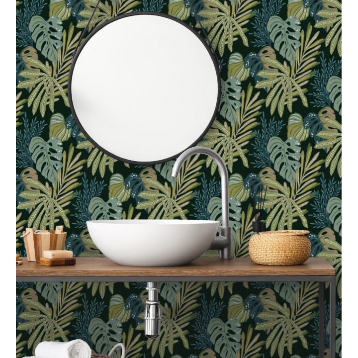 Papel pintado selva nocturna color verde espuma de mar - Samba Ethnic 683924