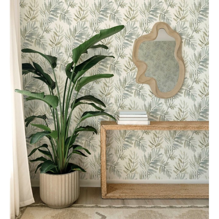 Papel pintado hojas difuminadas tonos marrones y azules fondo textil liso - Soren Light 683925