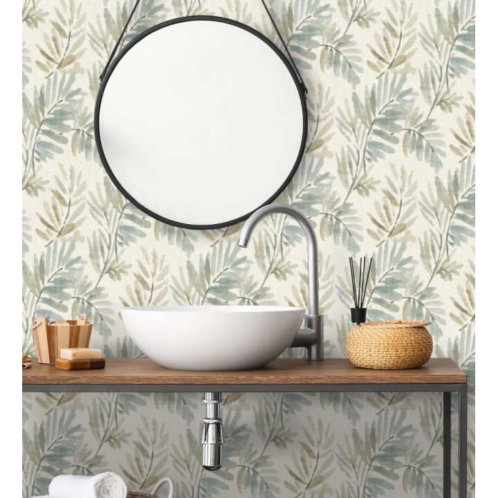 Papel pintado hojas difuminadas tonos marrones y azules fondo textil liso - Soren Light 683925