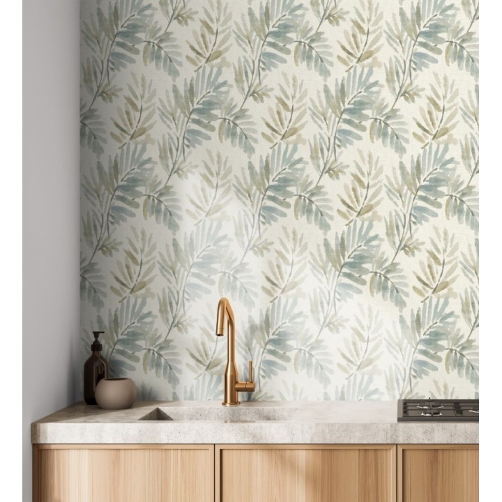 Papel pintado hojas difuminadas tonos marrones y azules fondo textil liso - Soren Light 683925