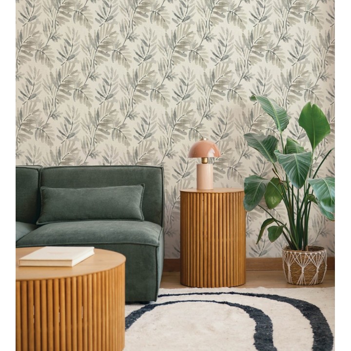 Papel pintado hojas difuminadas tonos grises y beige fondo textil liso - Soren Light 683926