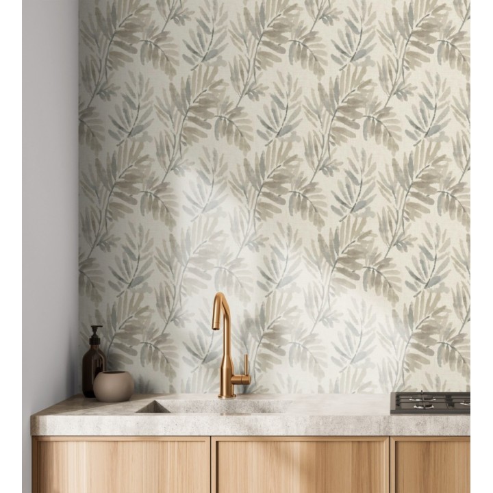 Papel pintado hojas difuminadas tonos grises y beige fondo textil liso - Soren Light 683926