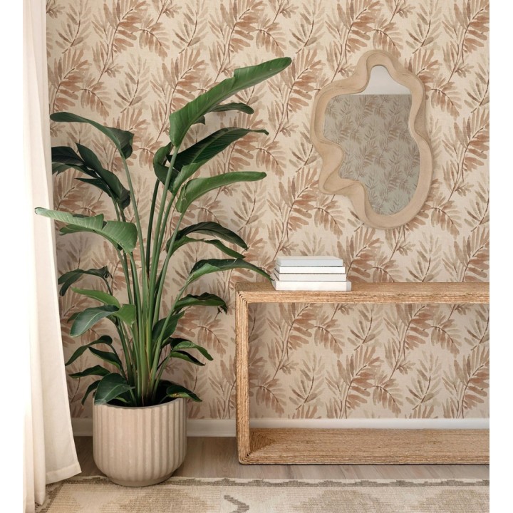 Papel pintado hojas difuminadas tonos tierra y beige fondo textil liso - Soren Light 683927