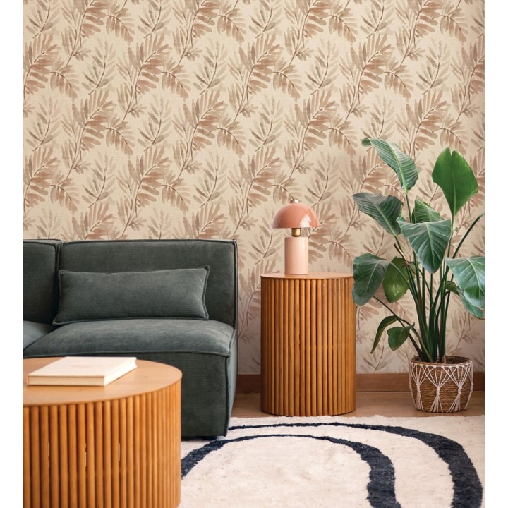 Papel pintado hojas difuminadas tonos tierra y beige fondo textil liso - Soren Light 683927