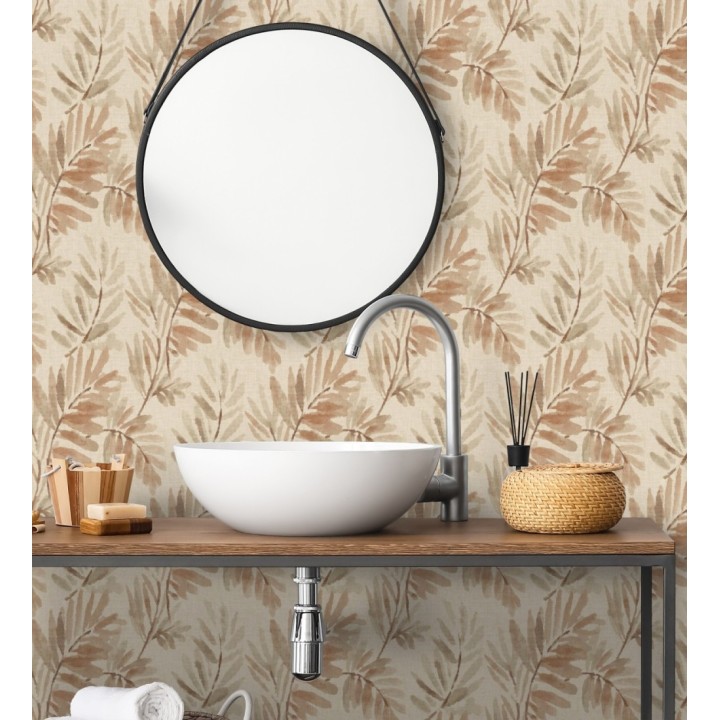 Papel pintado hojas difuminadas tonos tierra y beige fondo textil liso - Soren Light 683927