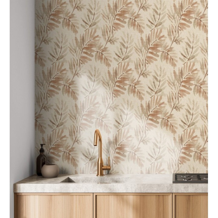 Papel pintado hojas difuminadas tonos tierra y beige fondo textil liso - Soren Light 683927
