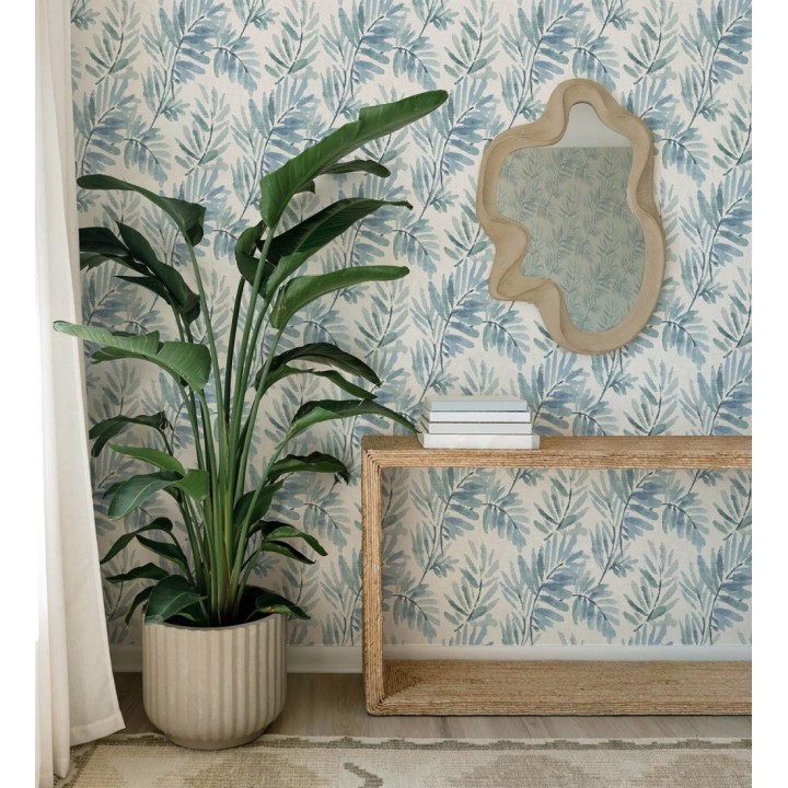 Papel pintado hojas difuminadas tonos azules fondo textil liso - Soren Light 683928