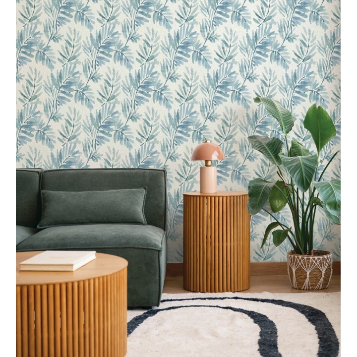Papel pintado hojas difuminadas tonos azules fondo textil liso - Soren Light 683928