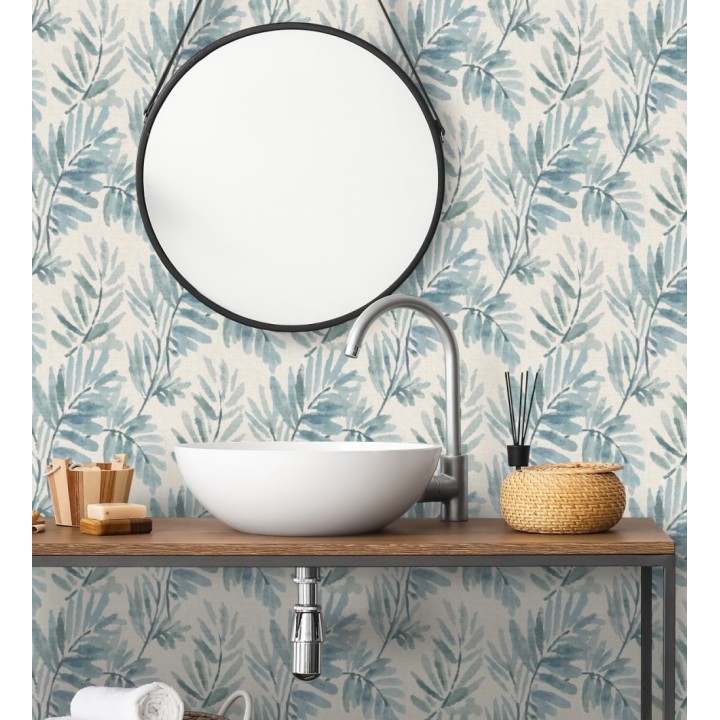Papel pintado hojas difuminadas tonos azules fondo textil liso - Soren Light 683928