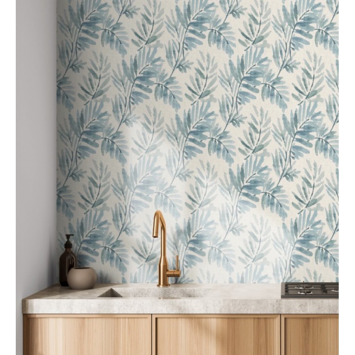 Papel pintado hojas difuminadas tonos azules fondo textil liso - Soren Light 683928