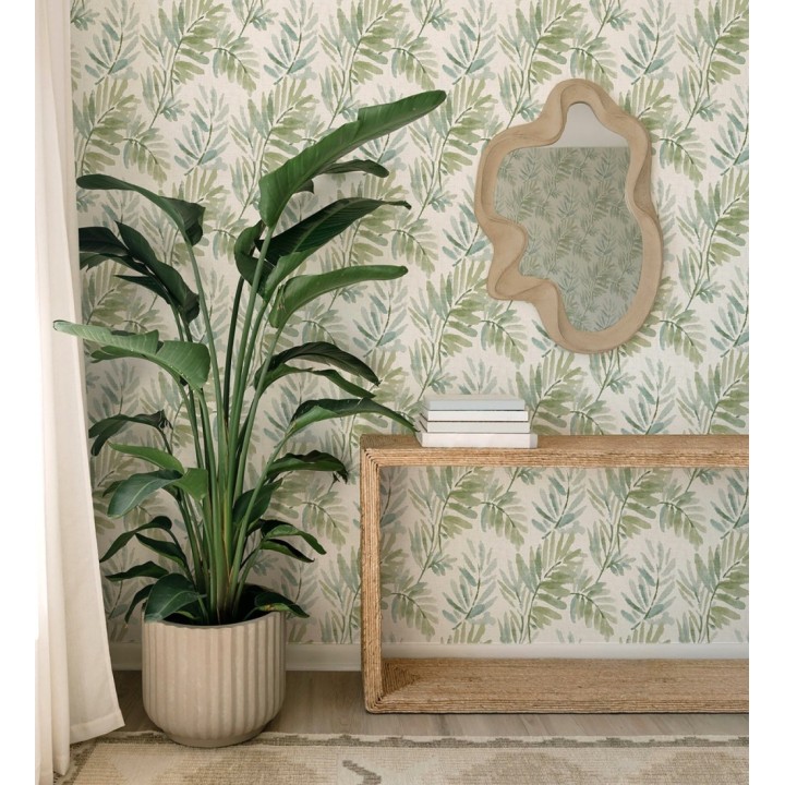 Papel pintado hojas difuminadas tonos verdes y azules fondo textil liso - Soren Light 683929