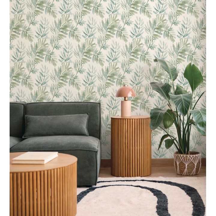 Papel pintado hojas difuminadas tonos verdes y azules fondo textil liso - Soren Light 683929