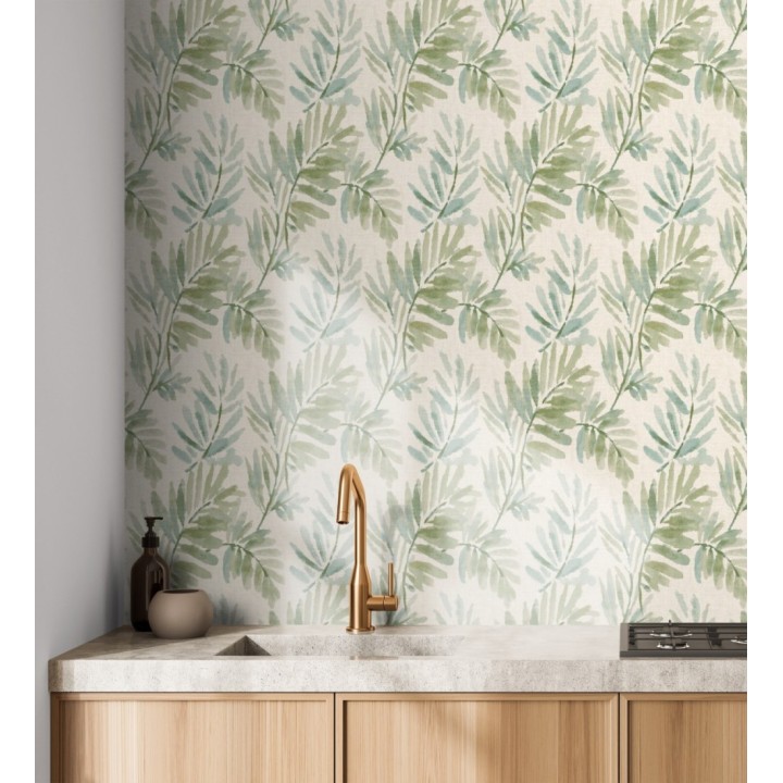 Papel pintado hojas difuminadas tonos verdes y azules fondo textil liso - Soren Light 683929