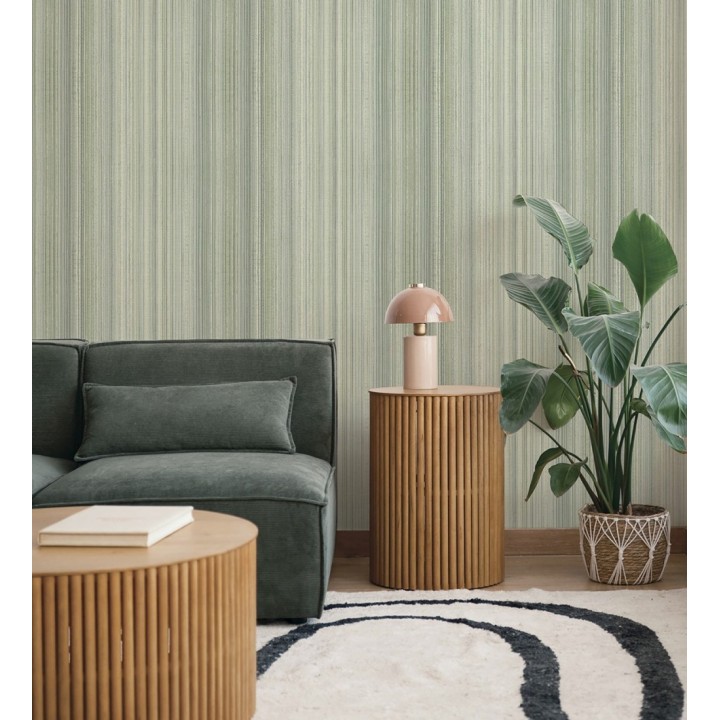 Papel pintado efecto lino rayas naturales tonos verdes - Amper Ribbed 683931