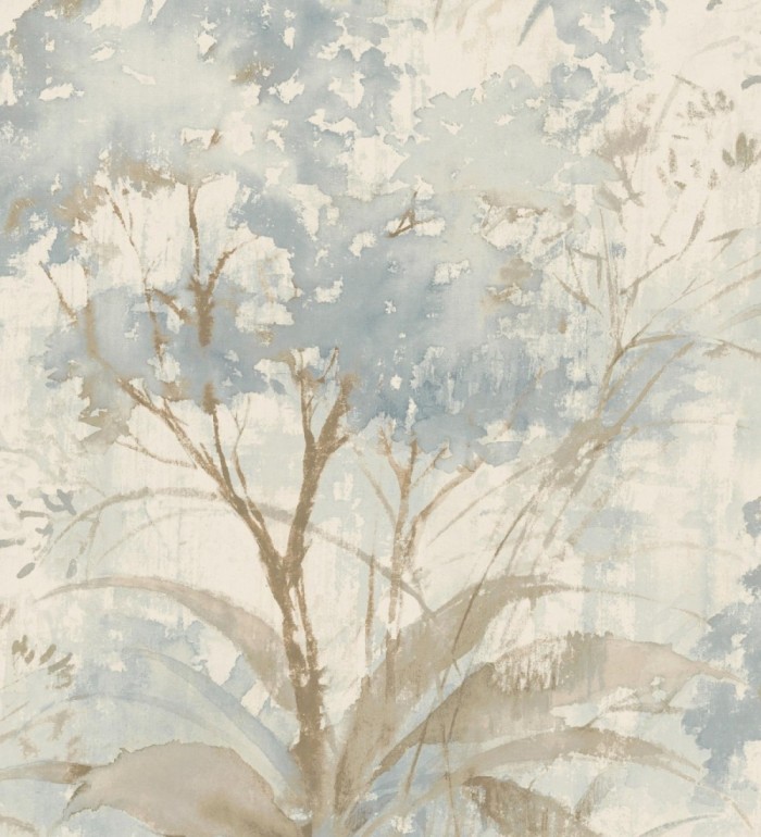 Papel pintado vestigio botánico sepia hojas de acuarela en tonos azul - Sienna Woodland 683934