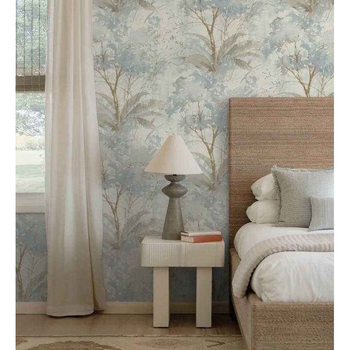 Papel pintado vestigio botánico sepia hojas de acuarela en tonos azul - Sienna Woodland 683934
