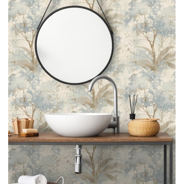 Papel pintado vestigio botánico sepia hojas de acuarela en tonos azul - Sienna Woodland 683934