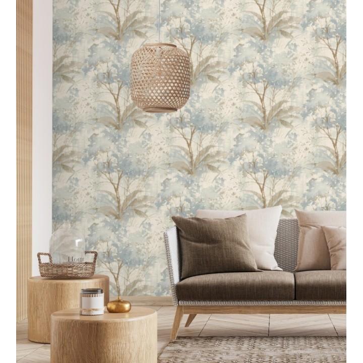 Papel pintado vestigio botánico sepia hojas de acuarela en tonos azul - Sienna Woodland 683934